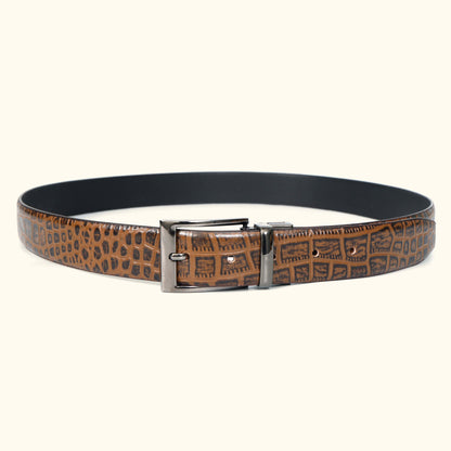 Imperio Men's Hand Burnished Croc Leather Belt Full Grain Circle Tan