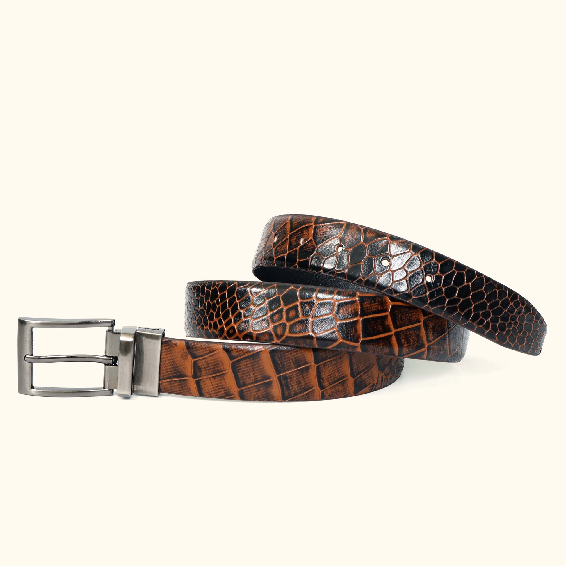 Imperio Men's Hand Burnished Croc Leather Belt Full Grain ROLL Burnt Cognac