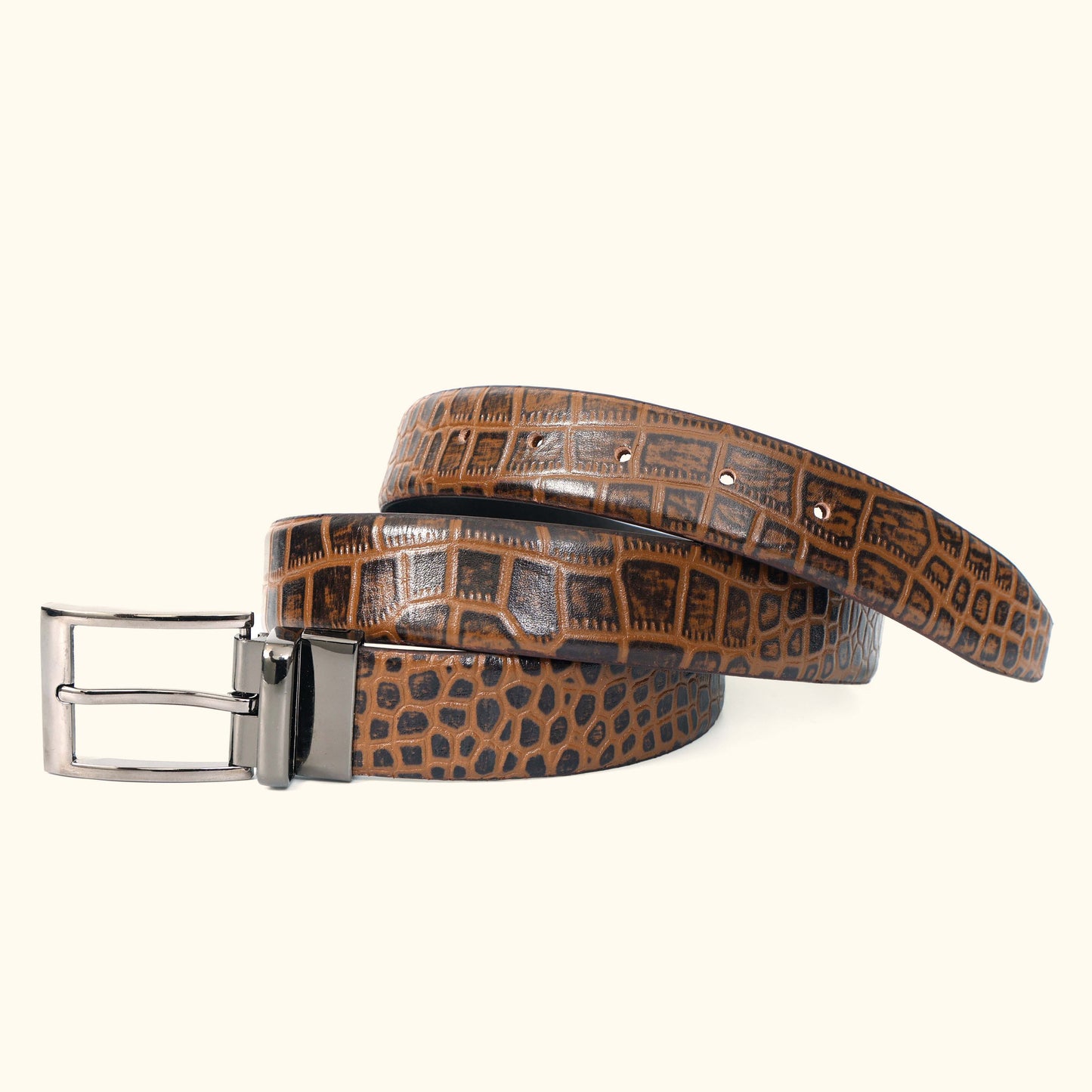 Imperio Men's Hand Burnished Croc Leather Belt Full Grain ROLL Tan