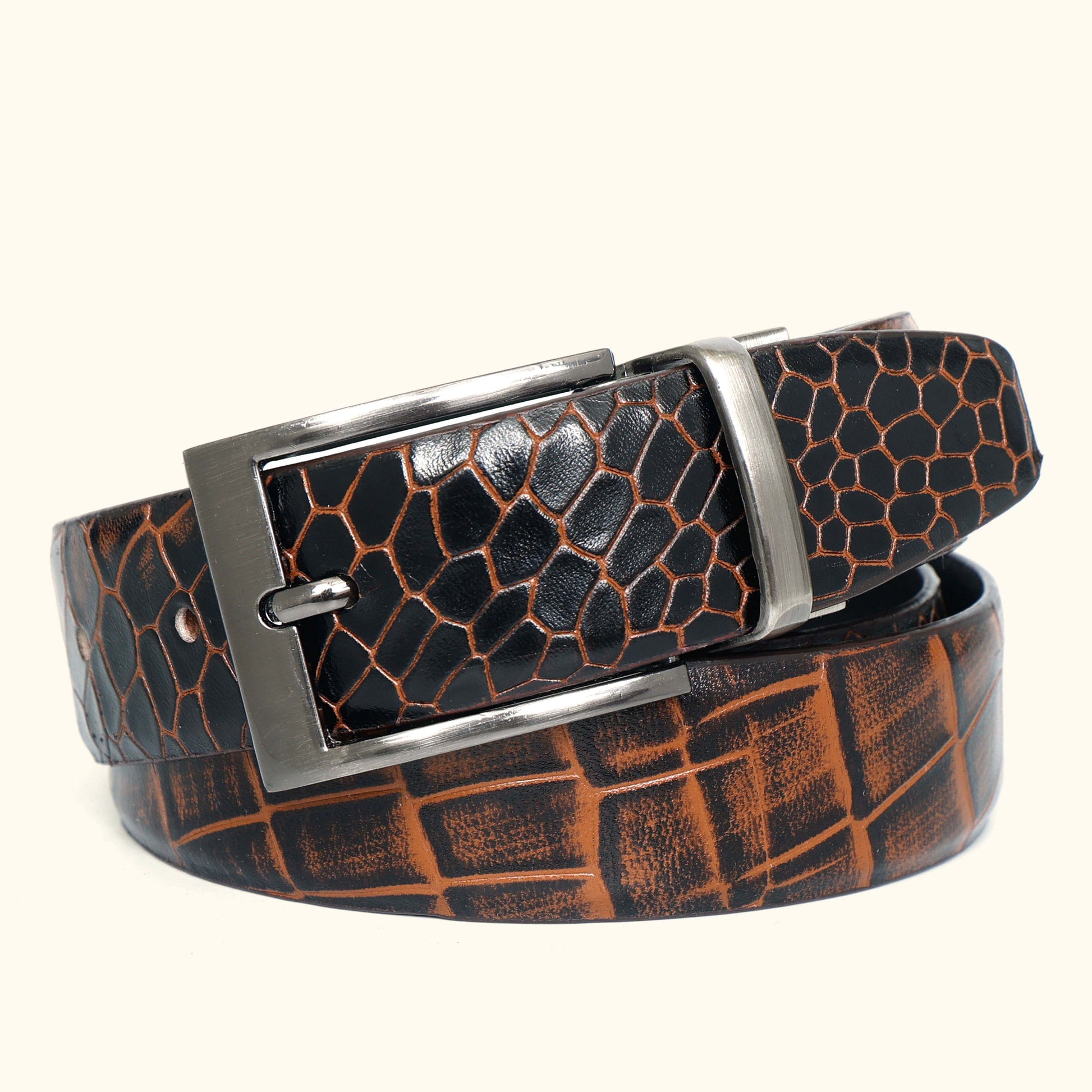 Imperio Men's Hand Burnished Croc Leather Belt Full Grain hero Burnt Cognac