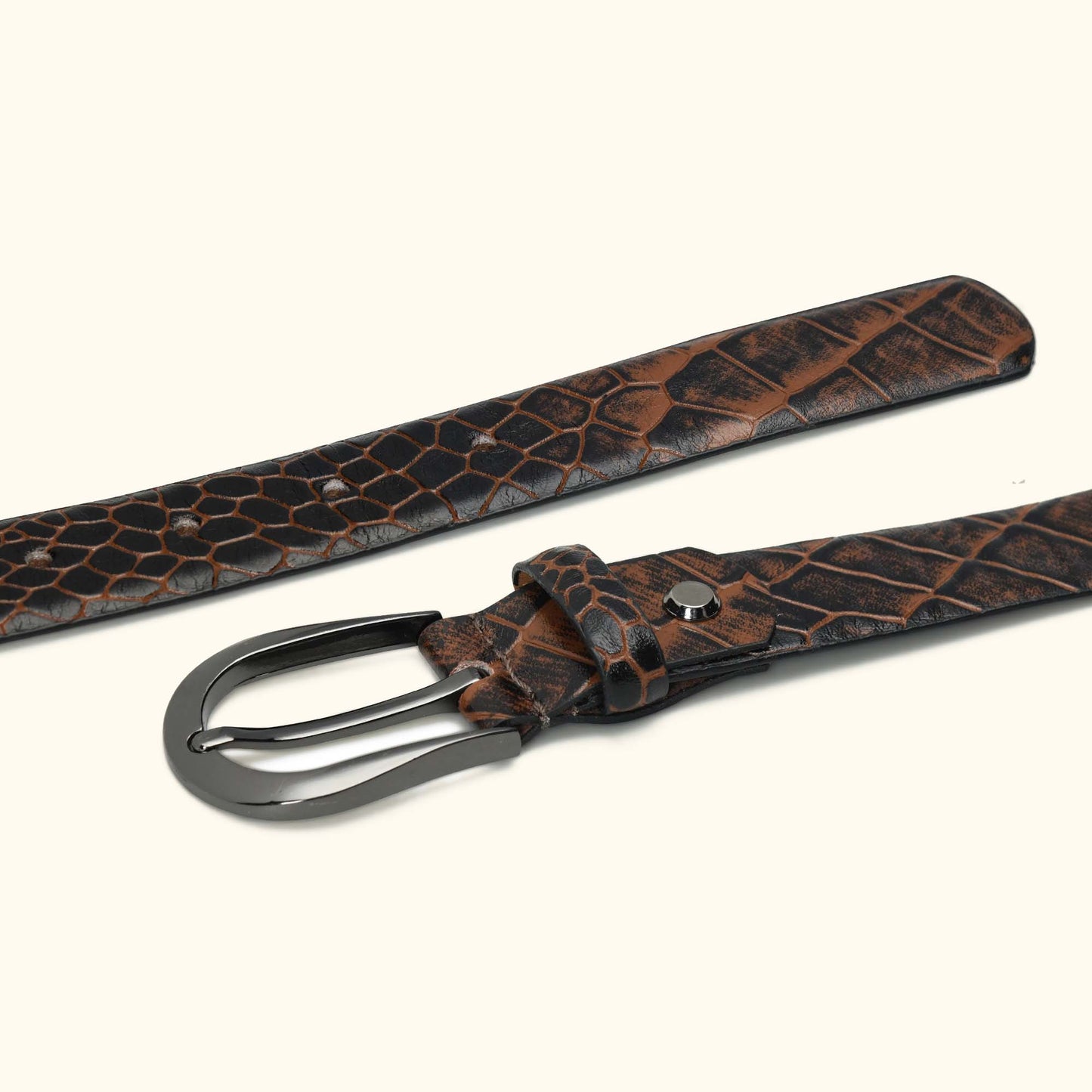 Juliette Women's Hand Burnished Croc Leather  belt for Women Flat lay Burnt Cognac