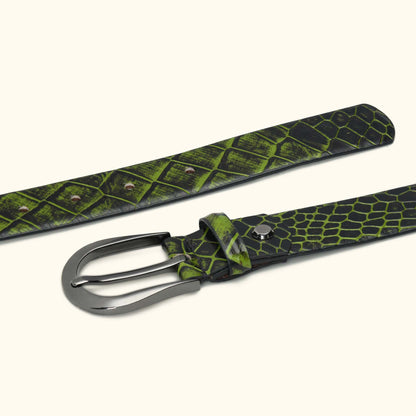 Juliette Women's Hand Burnished Croc Leather  belt for Women Flat lay Moss Green