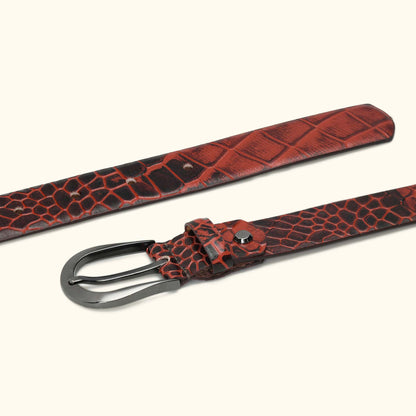 Juliette Women's Hand Burnished Croc Leather  belt for Women Flat lay  Persian Red