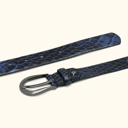 Juliette Women's Hand Burnished Croc Leather  belt for Women Flat lay Steel Blue