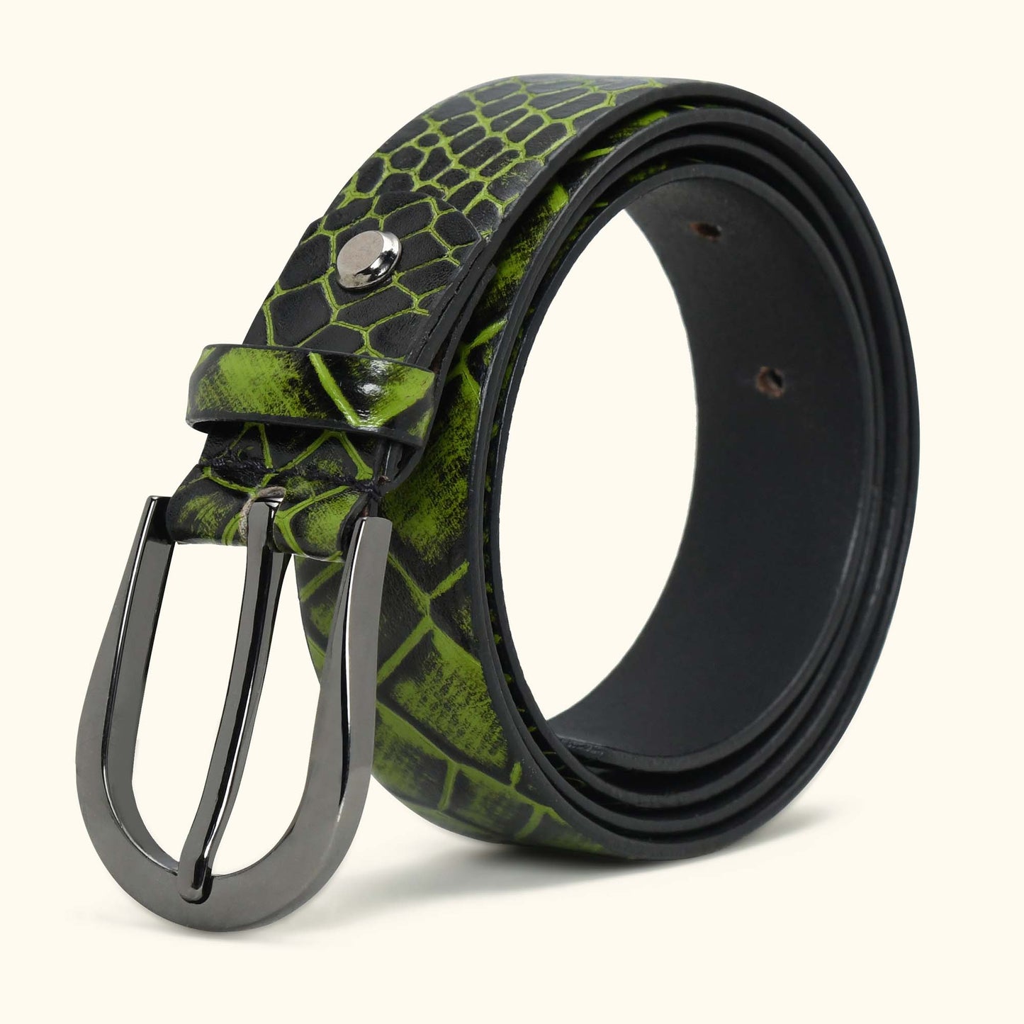 Juliette Women's Hand Burnished Croc Leather  belt for Women Roll Moss Green