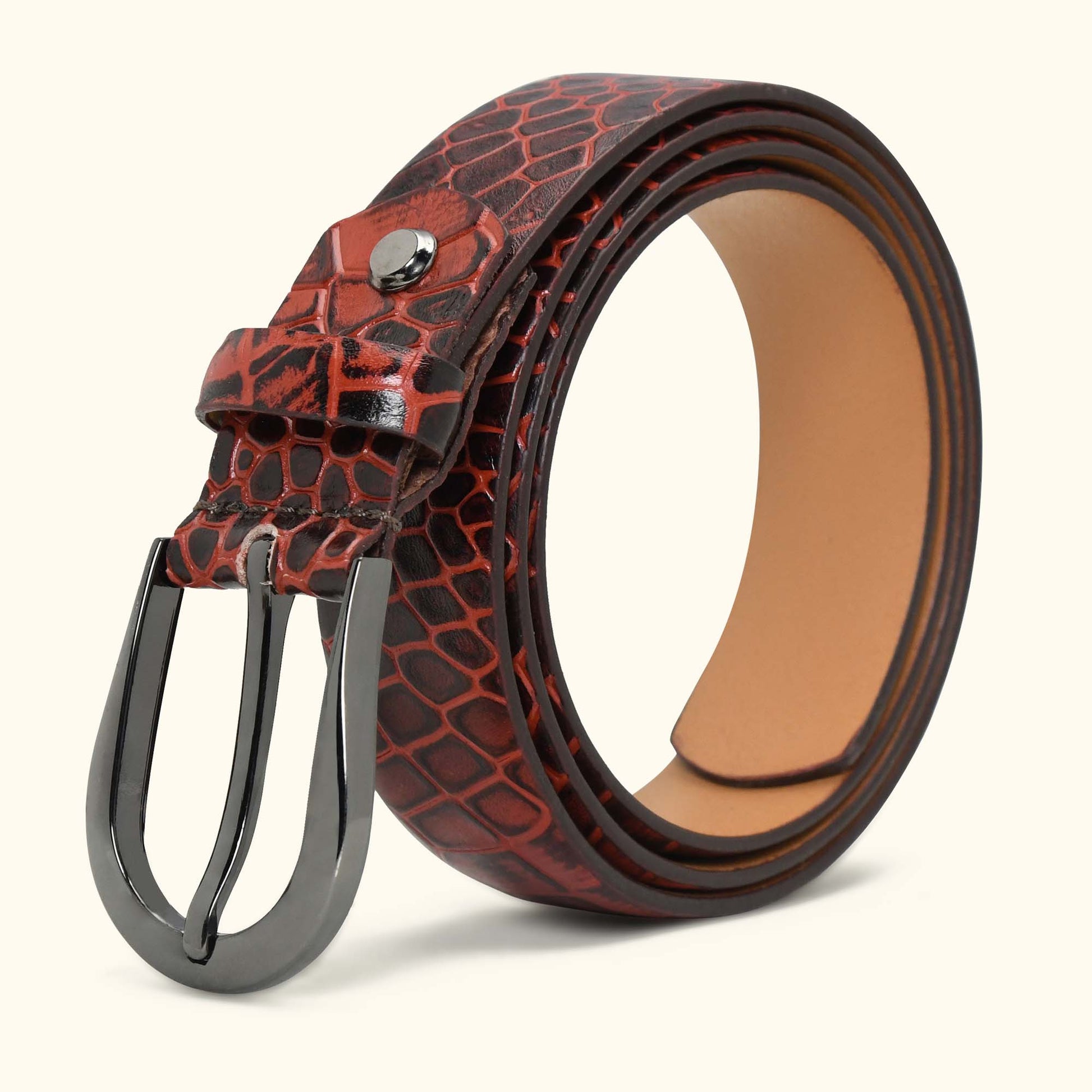 Juliette Women's Hand Burnished Croc Leather  belt for Women Roll  Persian Red