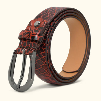 Juliette Women's Hand Burnished Croc Leather  belt for Women Roll  Persian Red