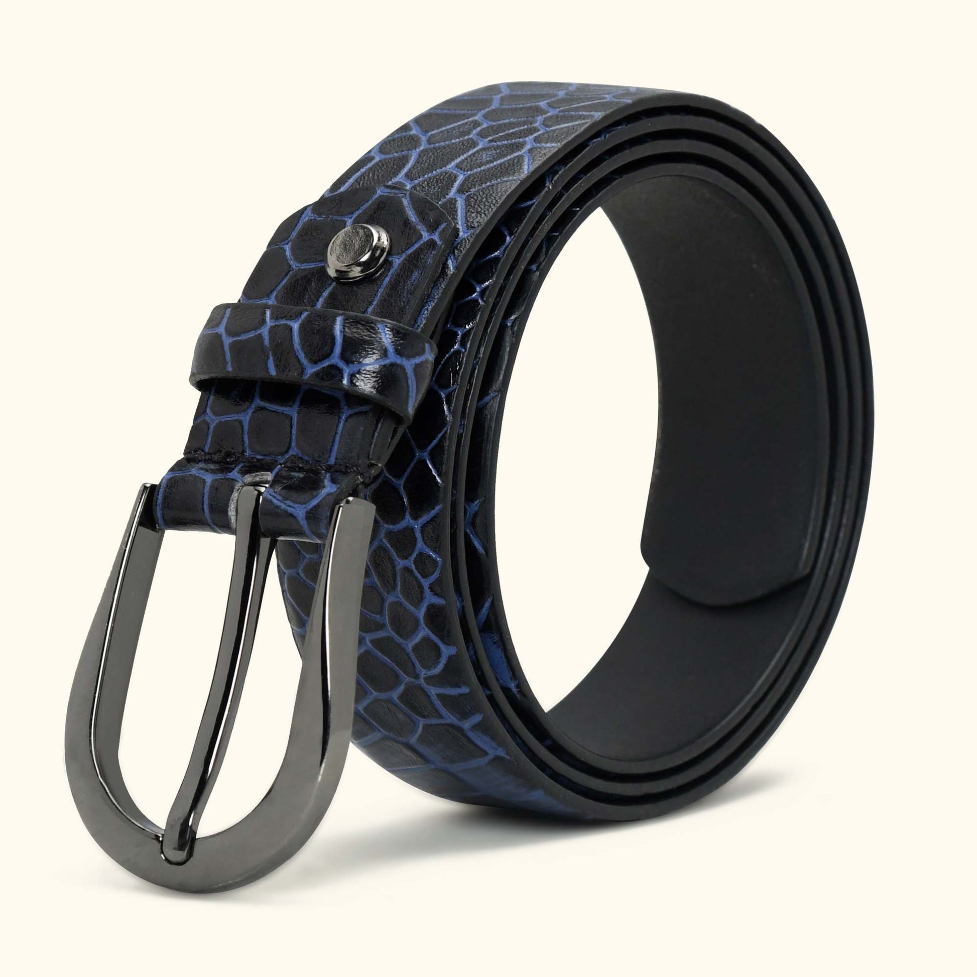 Juliette Women's Hand Burnished Croc Leather  belt for Women Roll Steel Blue