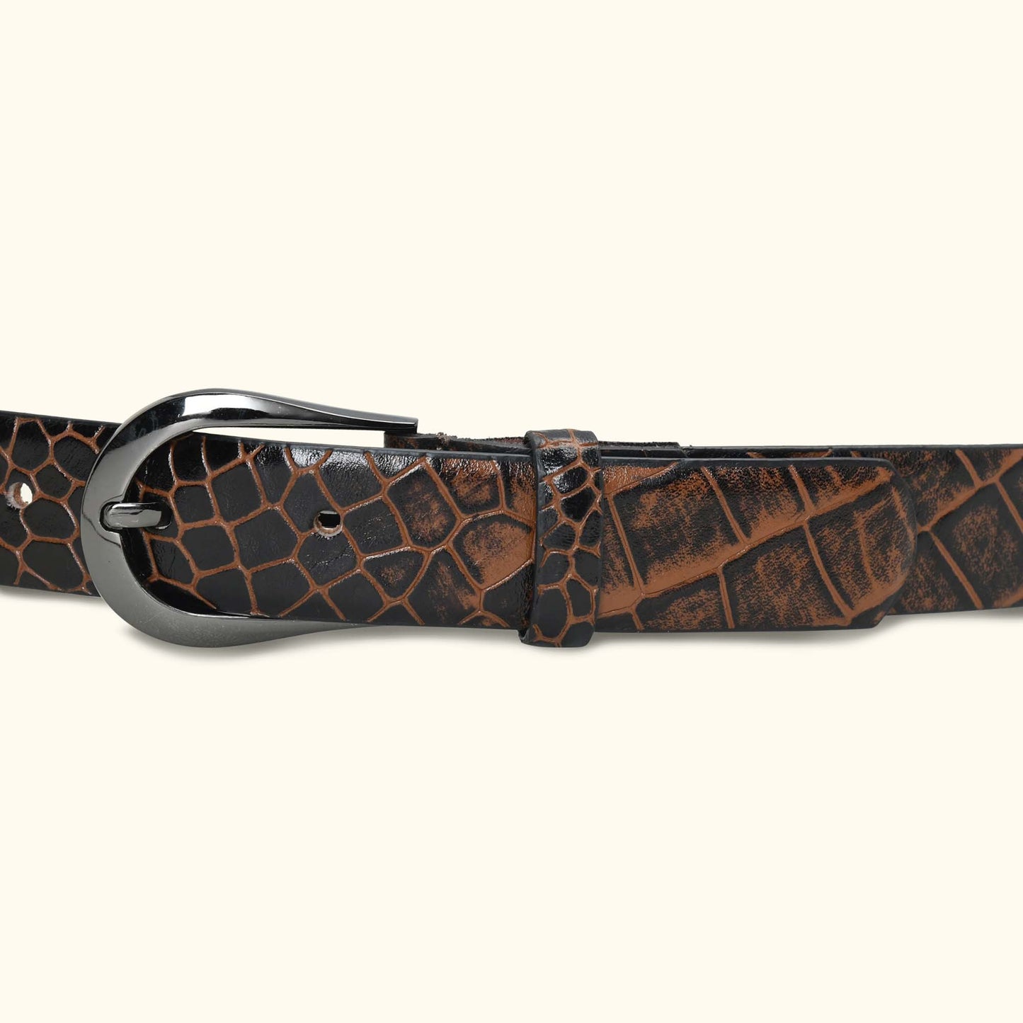 Juliette Women's Hand Burnished Croc Leather  belt for Women belt buckle Burnt Cognac