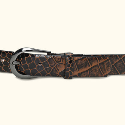 Juliette Women's Hand Burnished Croc Leather  belt for Women belt buckle Burnt Cognac