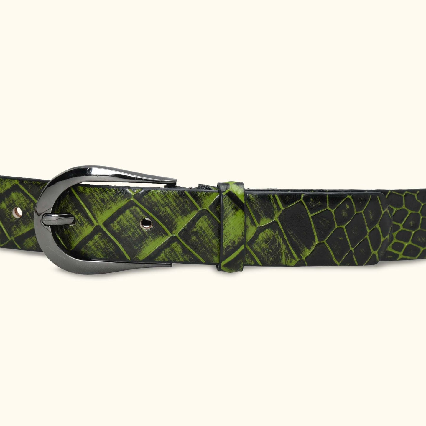 Juliette Women's Hand Burnished Croc Leather  belt for Women belt buckle Moss Green