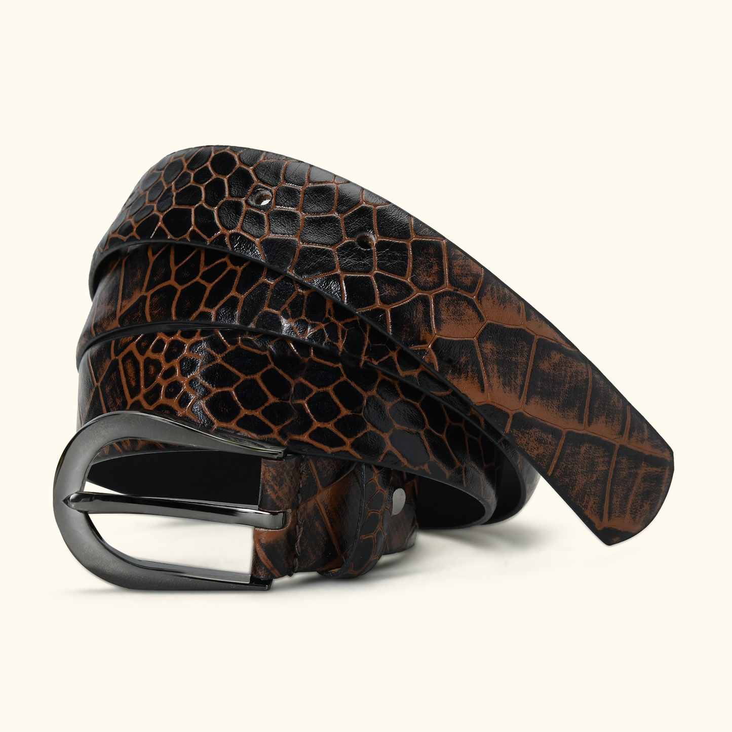 Juliette Women's Hand Burnished Croc Leather  belt for Women hero Burnt Cognac 