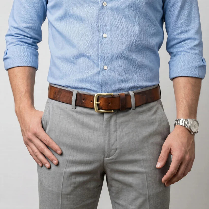 Kaelix Men's Rugged Pull Up Leather Belt with model Saddle Brown