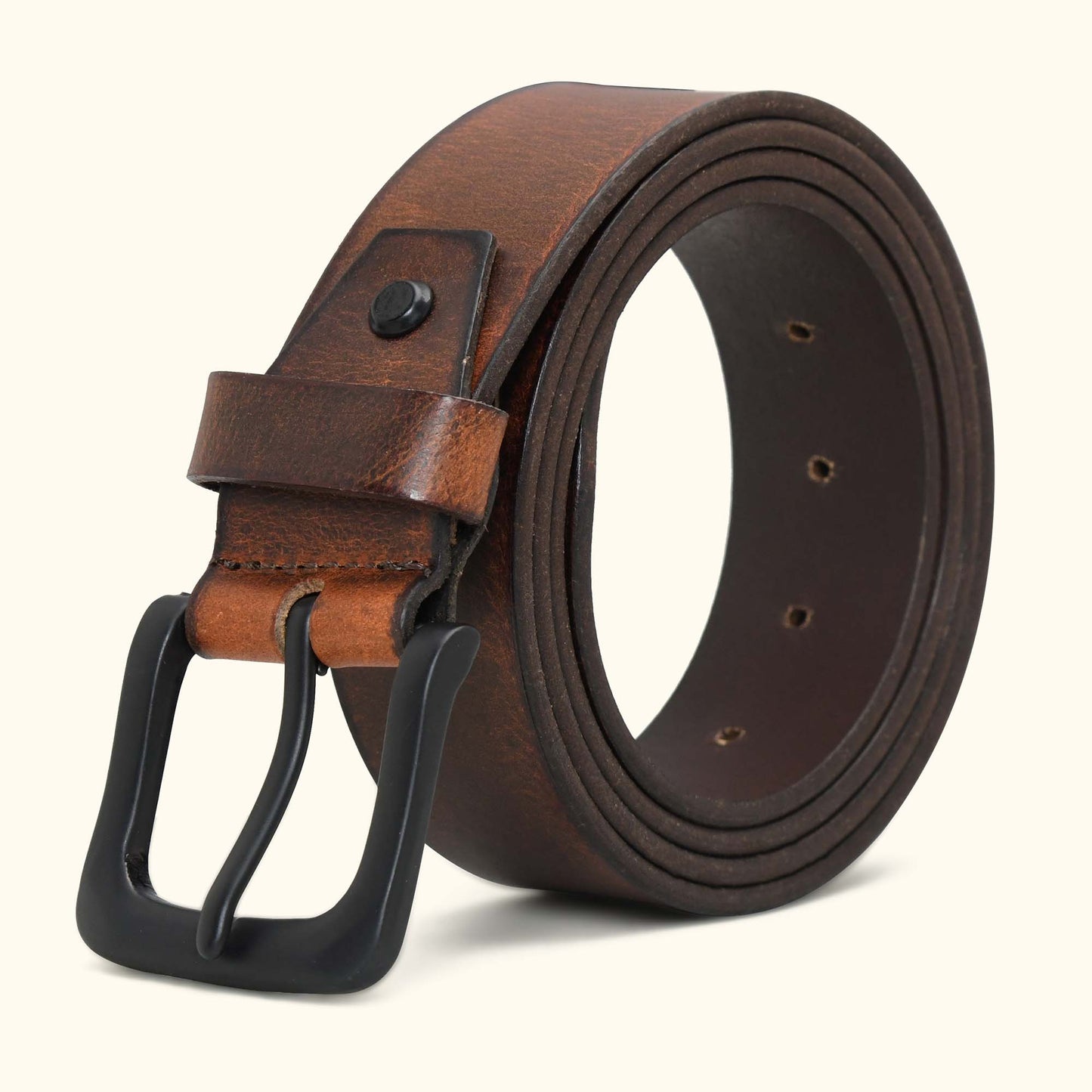 Kaelix Mens Rugged Pull Up Leather Belt Rolled Brushed Matte Black Saddle Brown