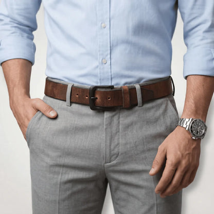 Norvik Men's Rugged Oil Tanned Leather Belt Model With Buckle Burnished Brown