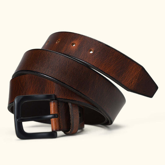 Norvik Mens Rugged Oil Tanned Distressed Finish Leather Belt Hero Burnished Brown