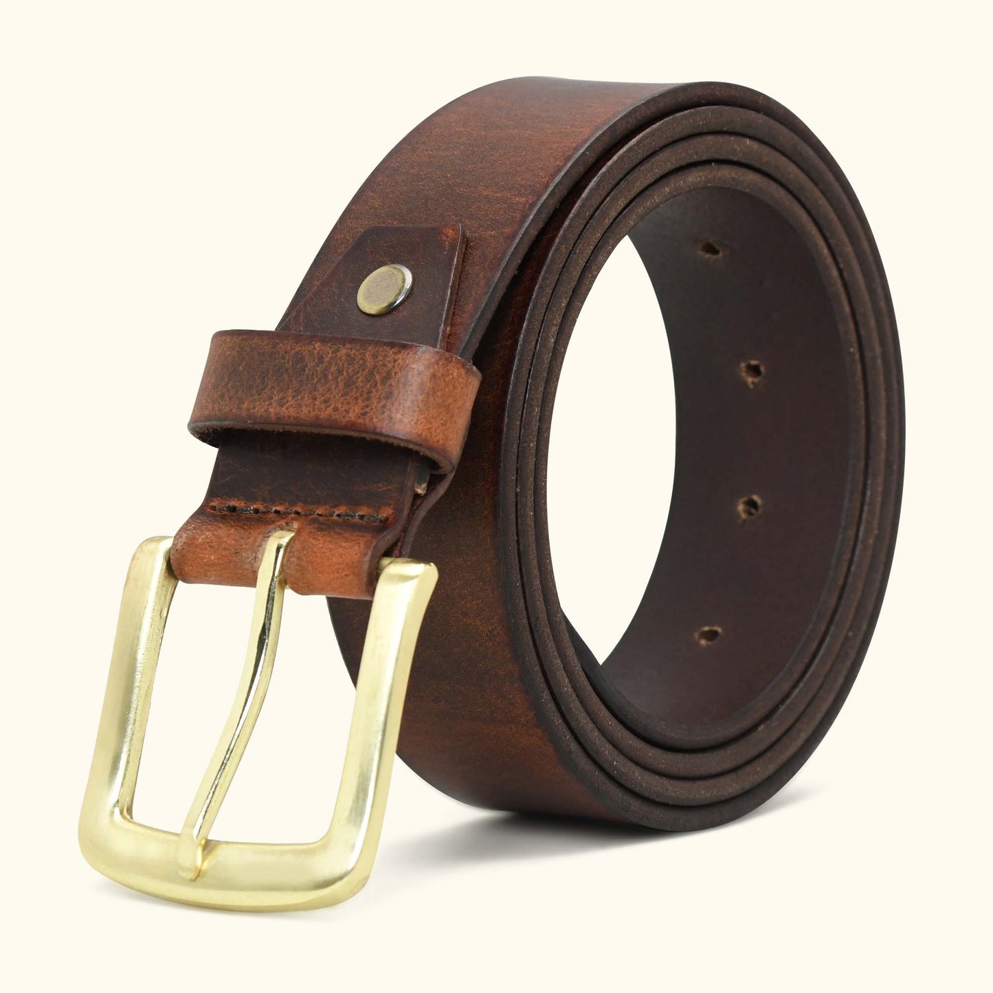 Norvik Mens Rugged Oil Tanned Distressed Finish Leather Belt Rolled Brushed Gold Buckle Burnished Brown