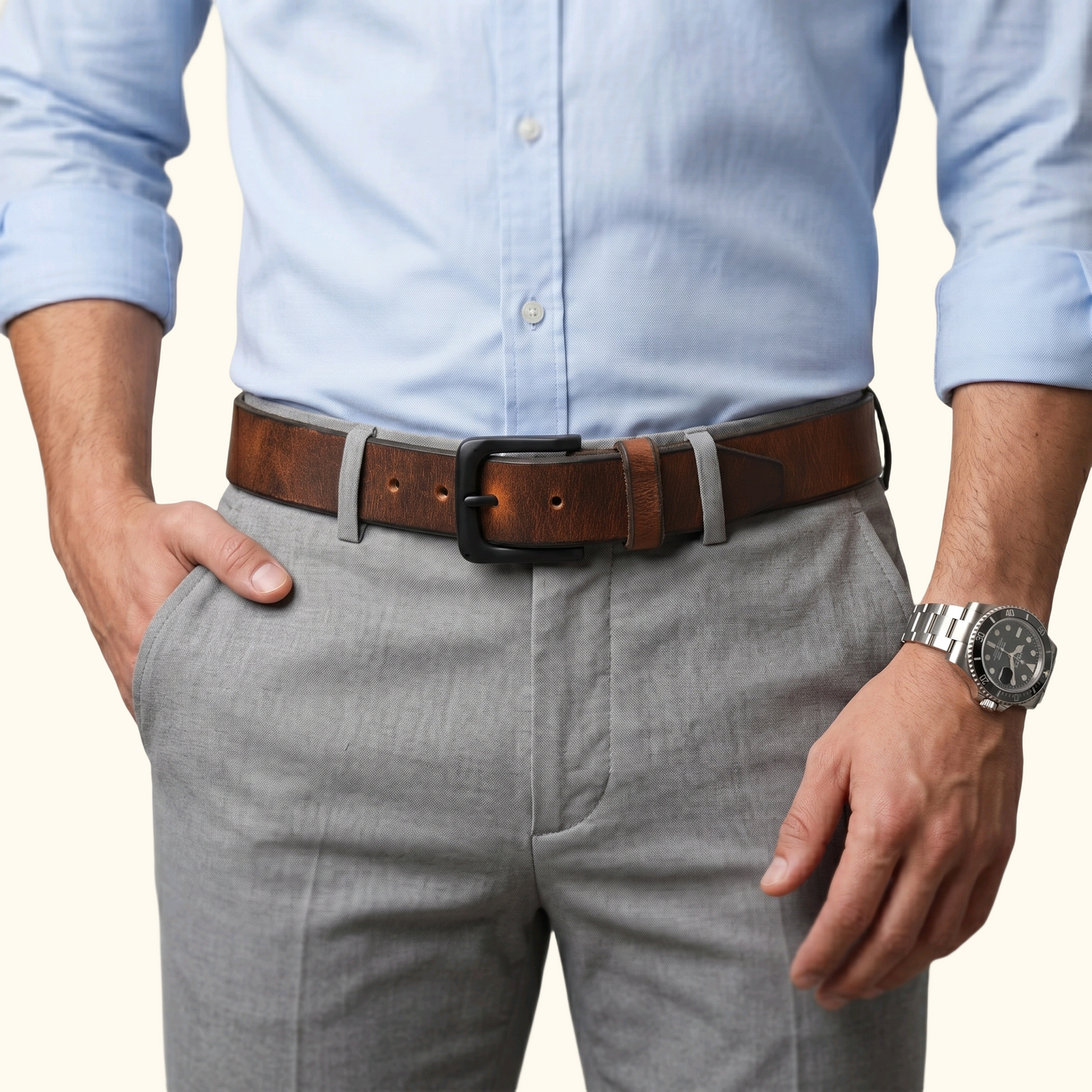 Norvik Mens Rugged Oil Tanned Distressed Finish Leather Belt with Model Burnished Brown