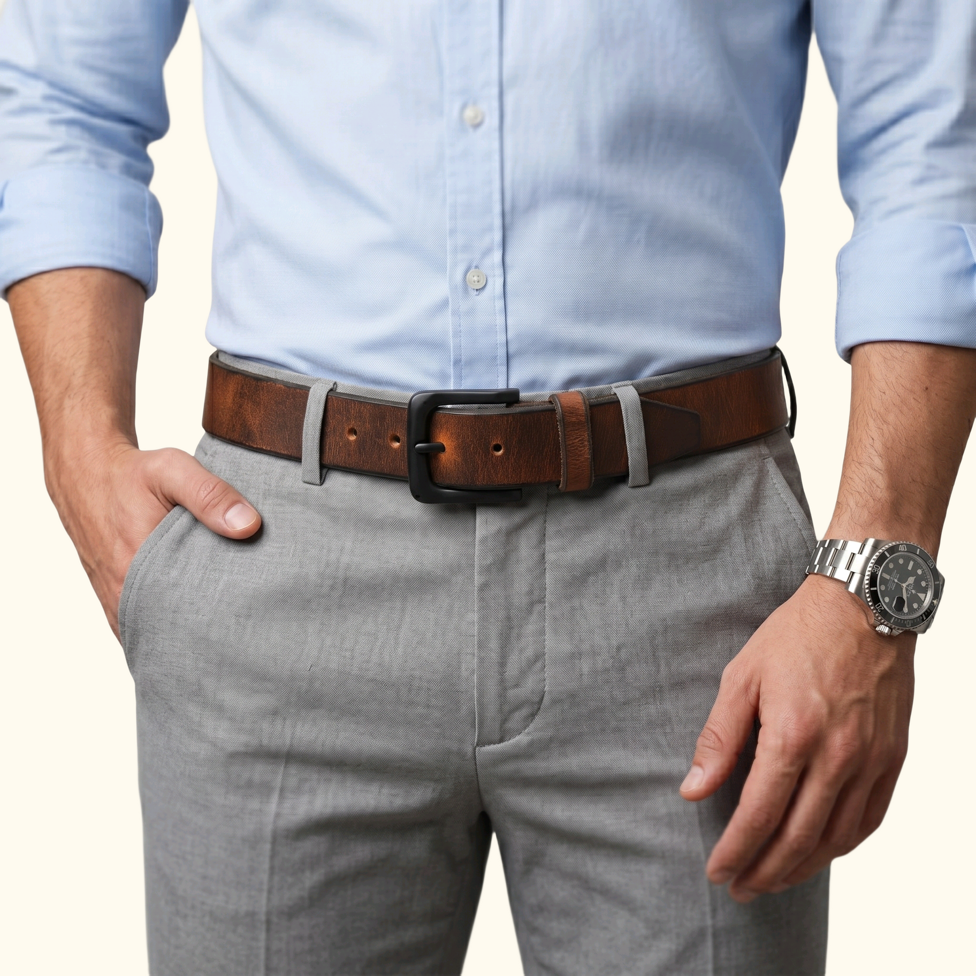 Norvik Mens Rugged Oil Tanned Distressed Finish Leather Belt with Model Burnished Brown