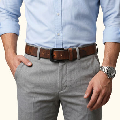 Norvik Mens Rugged Oil Tanned Distressed Finish Leather Belt with Model Burnished Brown