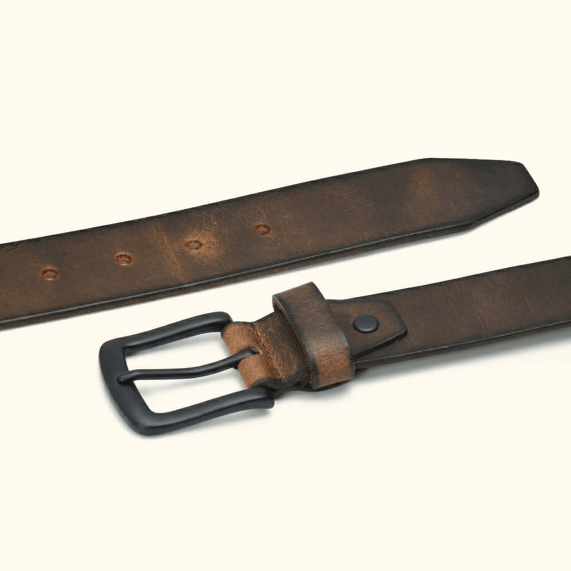 Outrider Oil Wax Rugged Distressed Leather Belt Flat Lay Burnished Brown