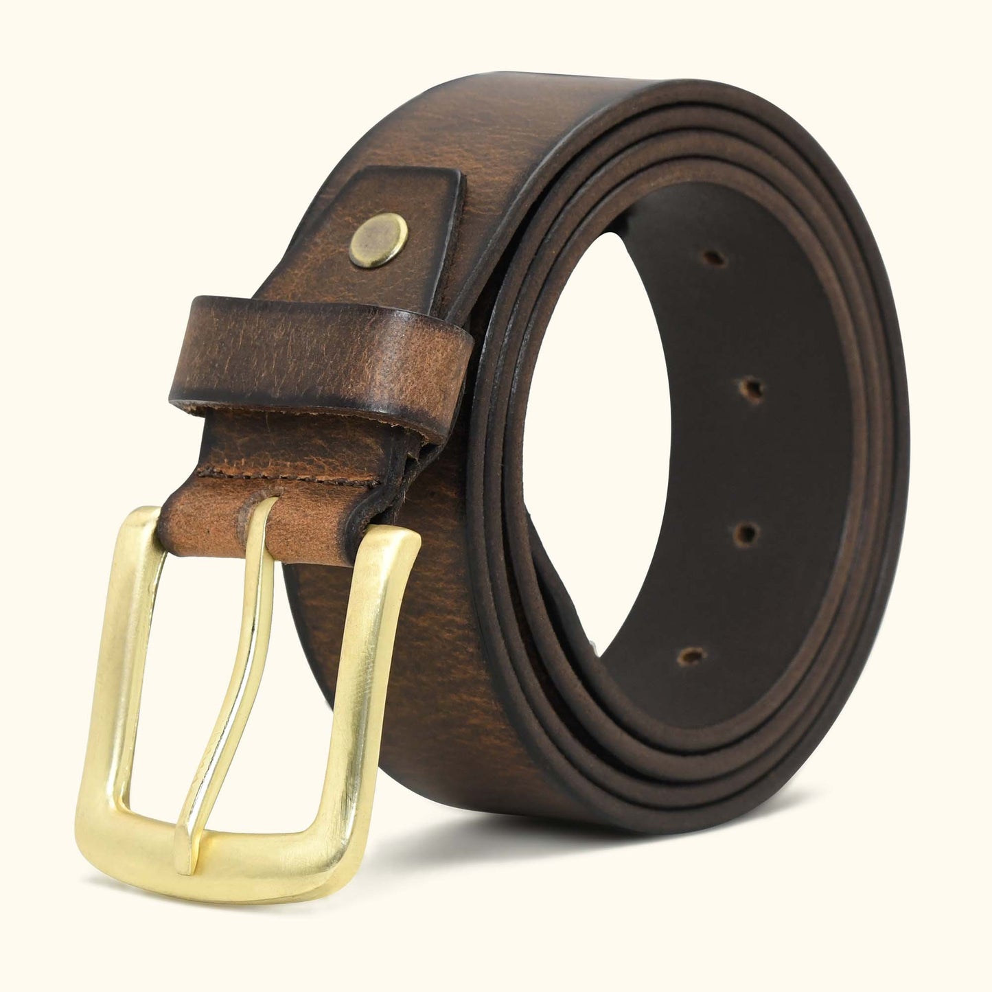 Outrider Oil Wax Rugged Distressed Leather Belt Rolled Brushed Gold Burnished Brown