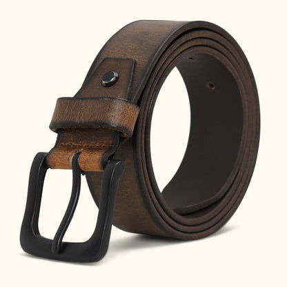Outrider Oil Wax Rugged Distressed Leather Belt Rolled Matte Black Buckle Burnished Brown