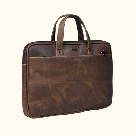 Roosevelt Vintage Leather Laptop Bag for Men Fits 15.6 Inch Double Strap Chestnut Brown