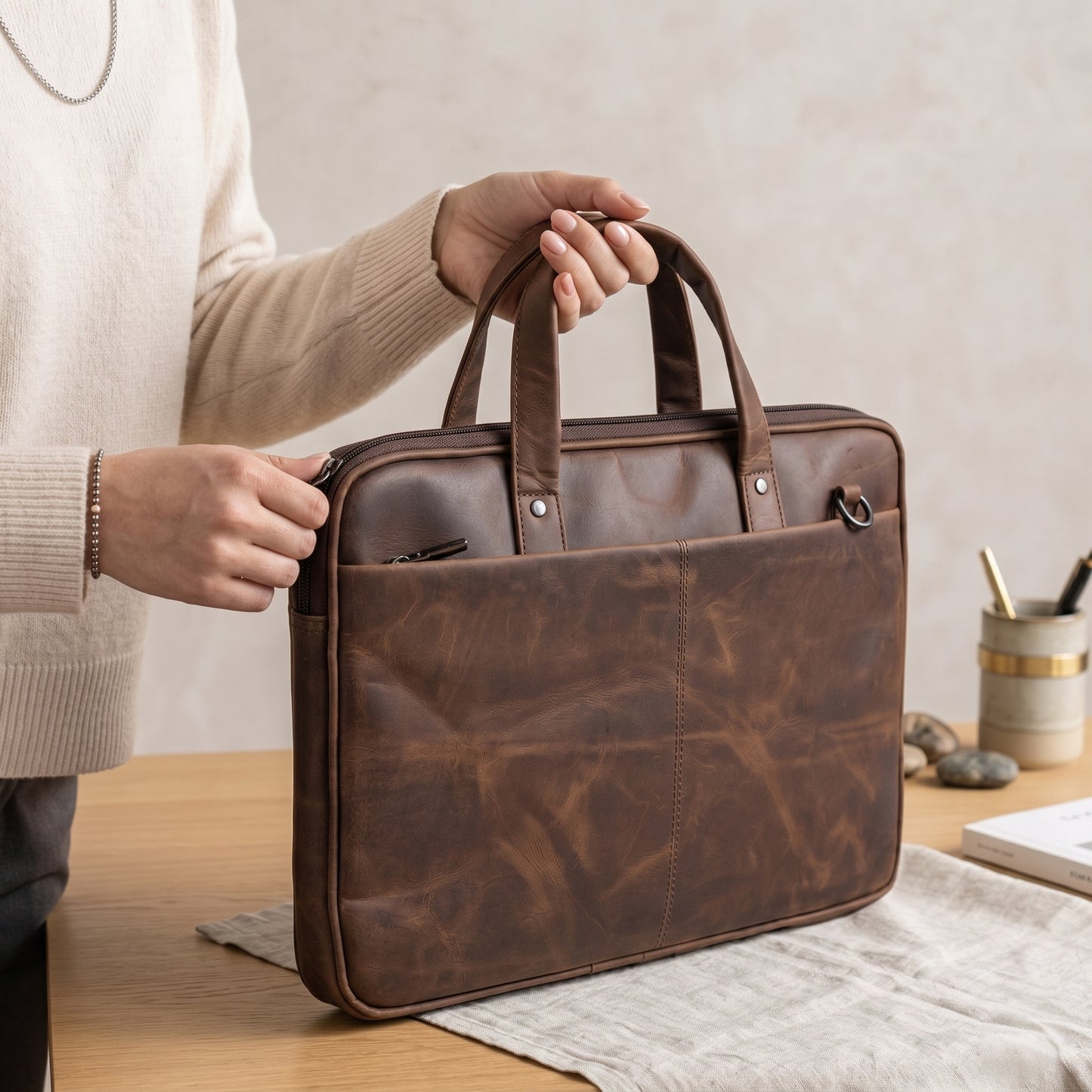 Roosevelt Vintage Leather Laptop Bag for Men Fits 15.6 Inch Model 2 Chestnut Brown