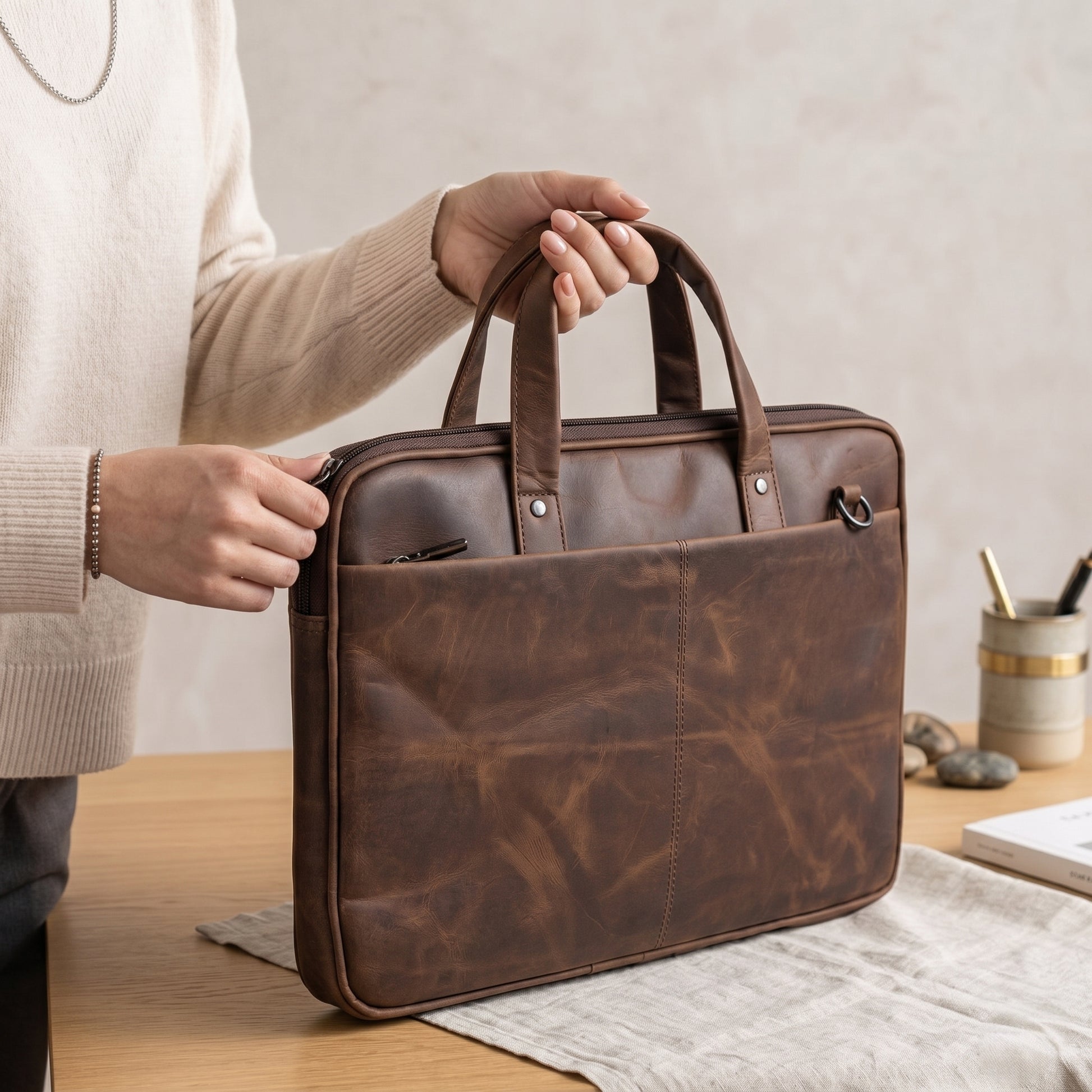 Roosevelt Vintage Leather Laptop Bag for Men Fits 15.6 Inch Model 2 Chestnut Brown