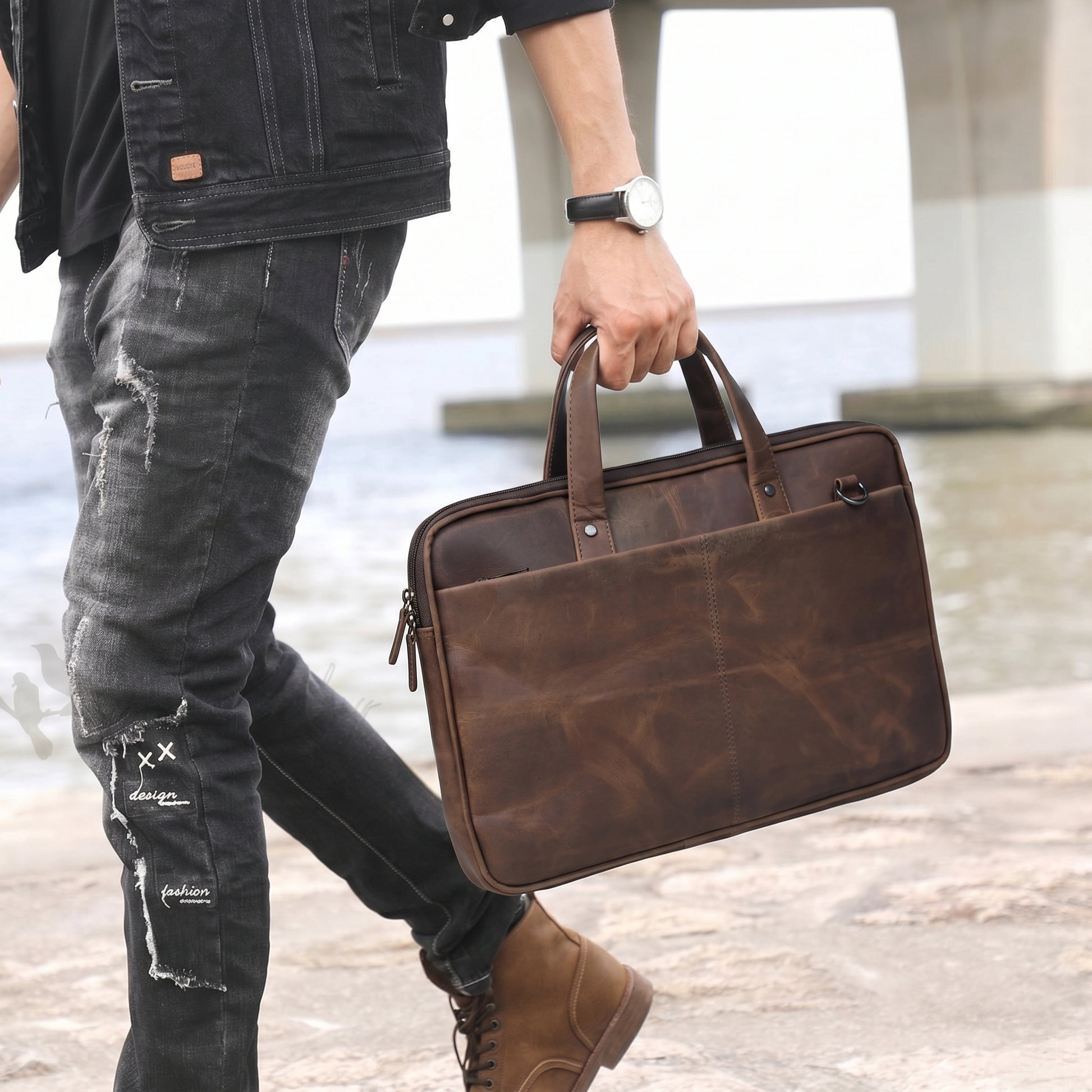 Roosevelt Vintage Leather Laptop Bag for Men Fits 15.6 Inch Model 3 Chestnut Brown