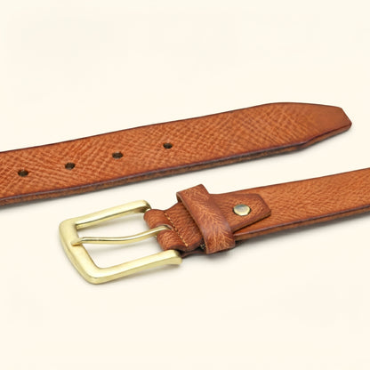 Tarico Men's Full Grain Leather Hand Finished Leather Belt Flat Lay Cognac